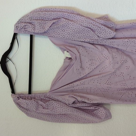 H&M Eyelet Puff Sleeve Dress Purple Sz XXL Square Neck Shift Silhouette Zip - Picture 4 of 9